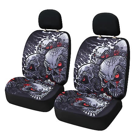 Seat Cover: Graffiti Skulls, Polyester, Low Back, Universal, 2 Pk