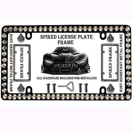 Chrome Colored Spike License Plate Frame, Includes 4 Fastener Caps, 4 Screws and Screwdriver