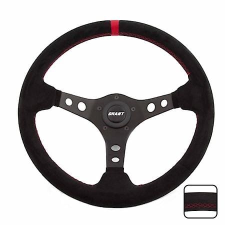 13.75"Dia, 3 Black Spokes, Black Suede Grip With Red Racing Stripe