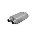 Super 40 Series Muffler, 3in Center Inlet 2.5in Dual Offset Outlet, Non-Reversible, Aggressive Sound