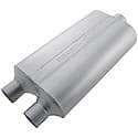 Super 50 Muffler, 2.5in Dual Offset Inlet 3in Center Outlet, Non-Reversible, Moderate Sound