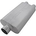 50 Series Muffler, 3in Center Inlet 2.25in Dual Offset Outlet, Non-Reversible, Moderate Sound