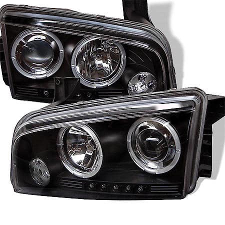 Headlight Assembly: Pair, Projector Beam With LED Halo, Black Housing, DODGE CHARGER 06-10