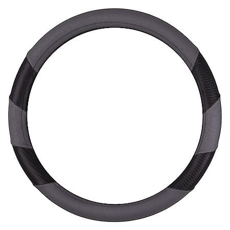 Two Tone Sports Steering Wheel Cover: Black/Grey Faux Leather, Fits 14.5" - 15", Carbon Fiber