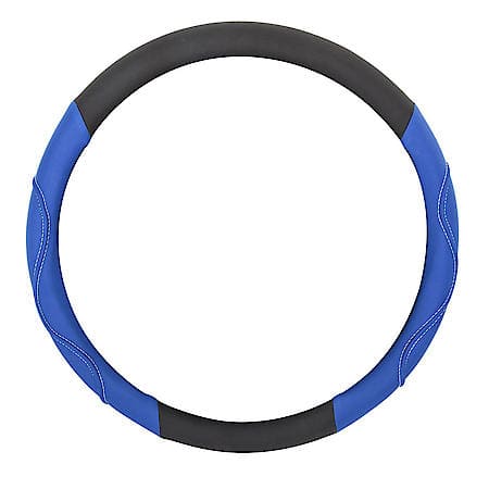 Sport Cut Steering Wheel Cover: Black/Blue Faux Leather, Fits 15.25" -15.35", Performance Grip