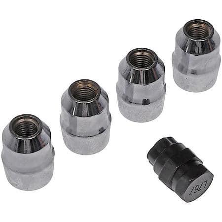 Wheel Lug Nut Lock Set: M12-1.50 Thread, Conical 60, Acorn, 1.421" Length, Chrome, 4 Locks/1 Key