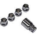 Wheel Lug Nut Lock Set: M12-1.50 Thread, Conical 60, Bulge , 0.862" Length, Chrome, 4 Locks/1 Key