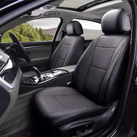 Seat Cover: Black, Faux Leather, Low Back, Durable, Direct Fit, 2 Pk