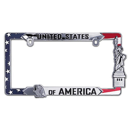 USA Flag License Plate Frame: Chrome-plated Heavy Duty Metal, Excludes Mounting Hardware