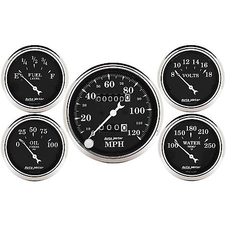 Gauge Kit; 5 Piece; 3 1/8 in./2 1/16"; Mechanical Speedometer; Old Tyme Black