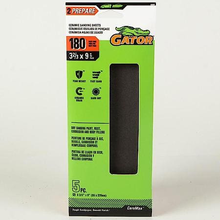 Gator 3-2/3-Inch x 9-Inch Clamp-on Ceramic 1/3 Sanding Sheets 180 Grit 5 Pack