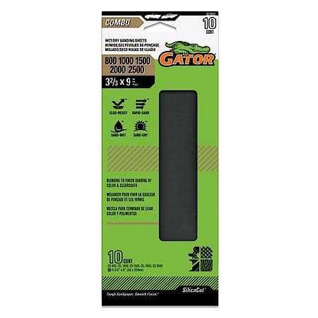 Gator 3-2/3-Inch x 9-Inch Clamp-On Waterproof 1/3 Sanding Sheets Asst Grit 10 Pk