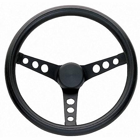 13 3/4"Dia, 3 Spoke, Black Leather Grained Vinyl Grip, Chrome Plated Steel Spokes