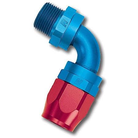 Full Flow Swivel Pipe Thread Hose End, 3/8" NPT, Red/Blue, 90°