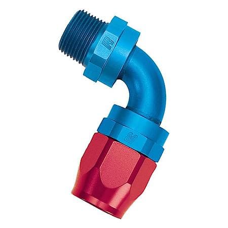 Full Flow Swivel Pipe Thread Hose End, 1/8" NPT, Red/Blue, 90°