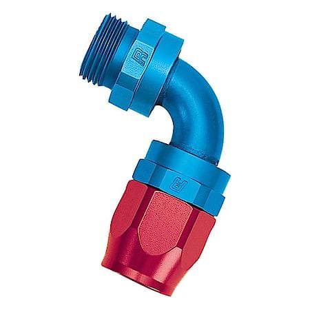 Full Flow Swivel Dry Sump Hose End, (-6 Port, 7/8"-14 Thread), Red/Blue, 90°