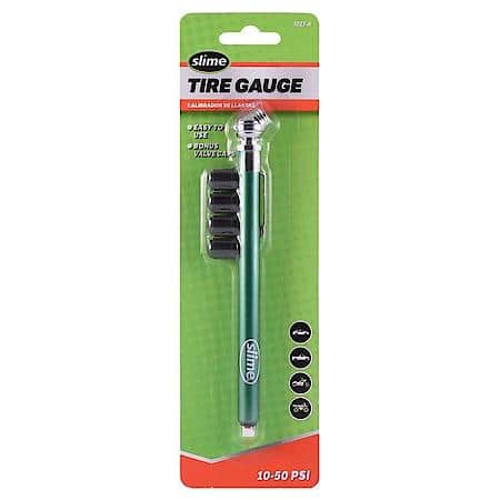 Pencil Tire Gauge: 10-50 PSI, Assorted Colors, 4 valve caps included