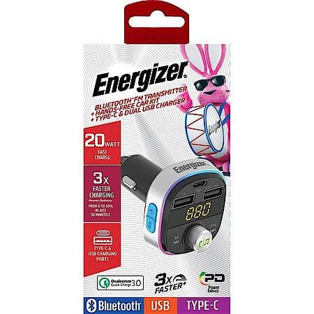 Bluetooth FM Transmitter + Type C & USB-A Car Charger: 20W Fast Charge