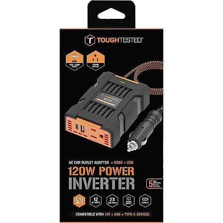 AC Car Outlet Adapter: 120W Power Inverter + USB-C and USB-A Charging Ports, 12V